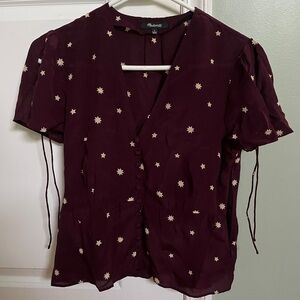 size 2 madewell burgundy blouse, low v neck, tie sleeves